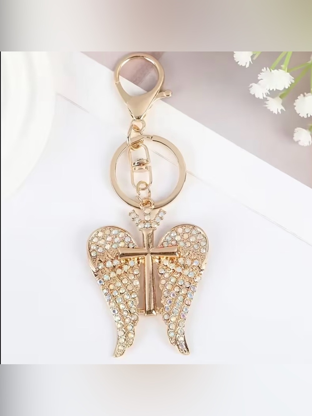 โจ Gold Angel Wing Cross Rhinestone Keychain - Picture 3 of 3